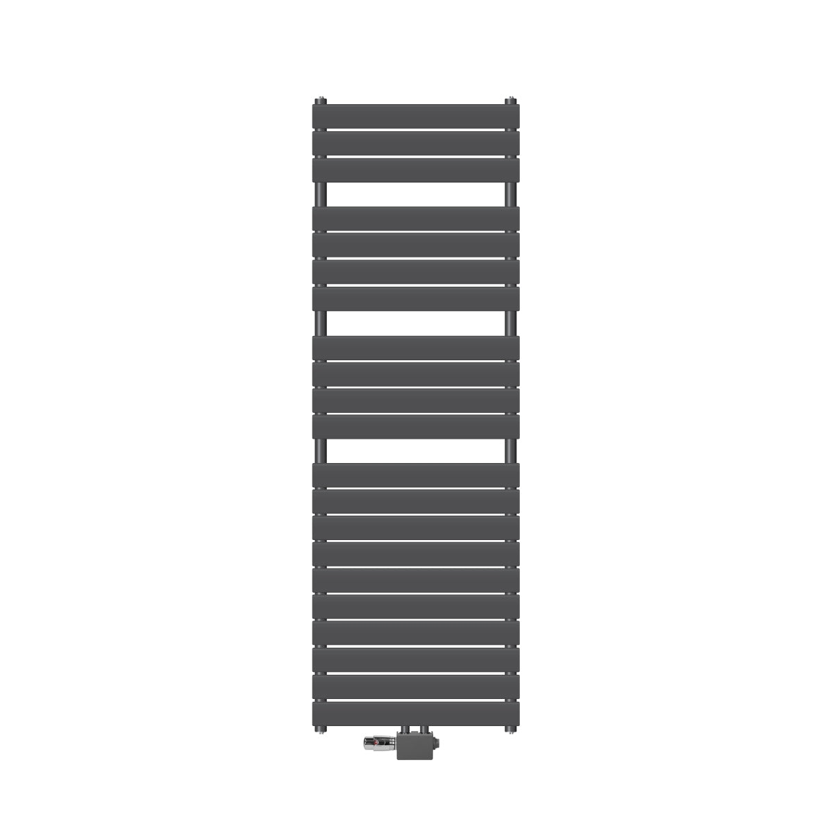 Antracitfarvet radiator med vandrette lameller, fritstående.