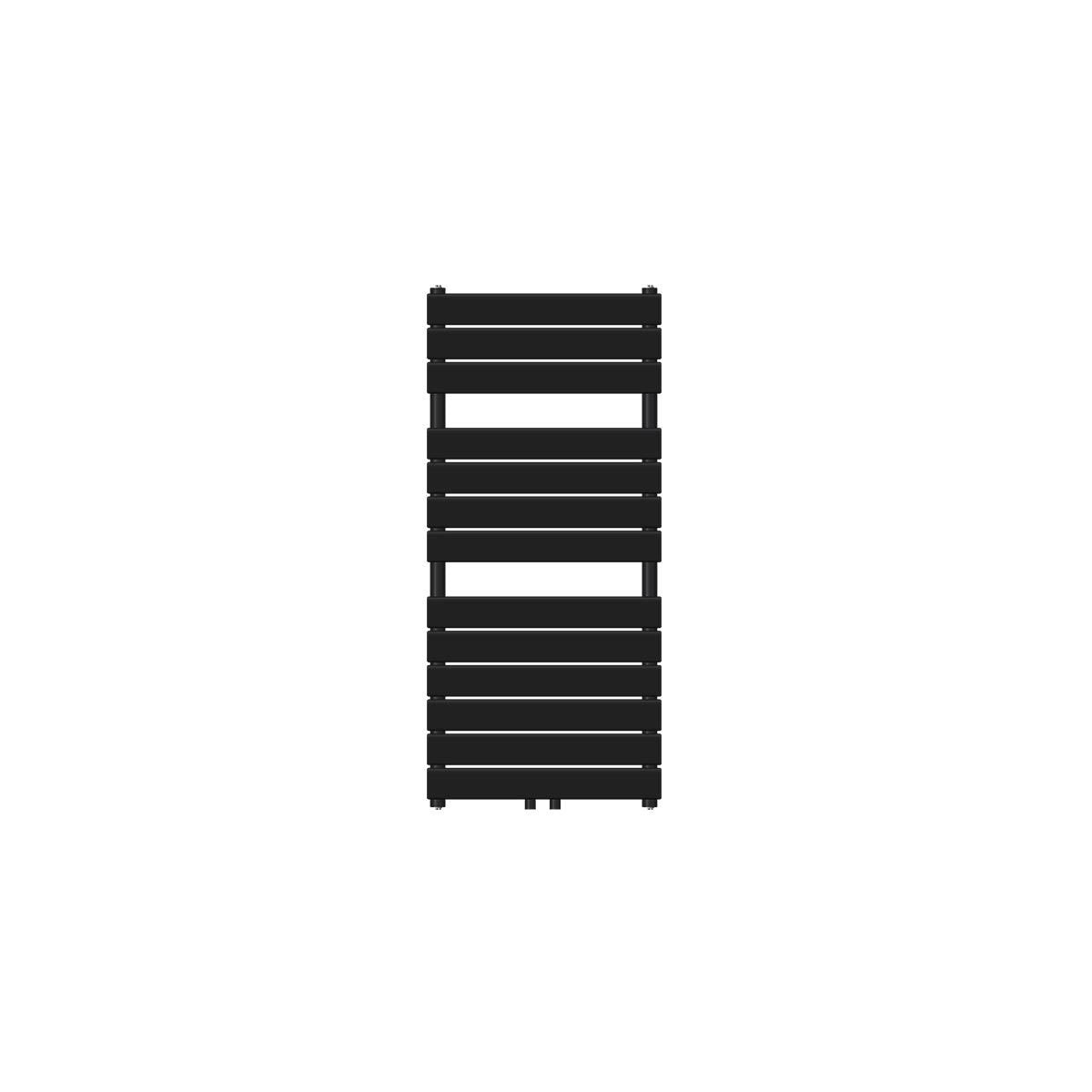A vertical radiator in black with horizontal fins.