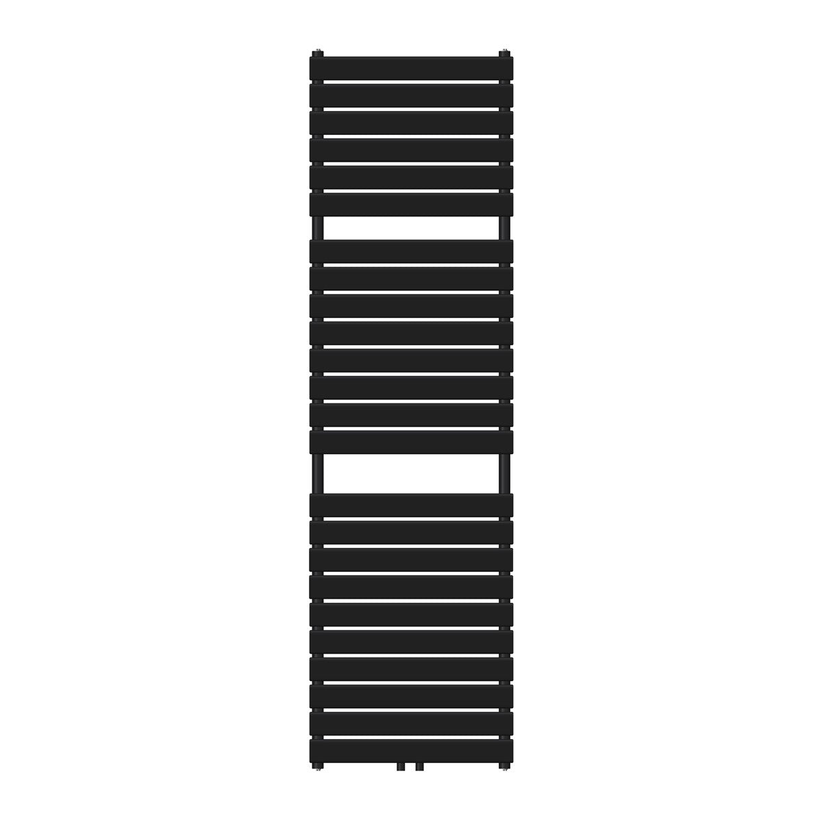 Hoher Heizkörper in Schwarz mit horizontalen Lamellen.