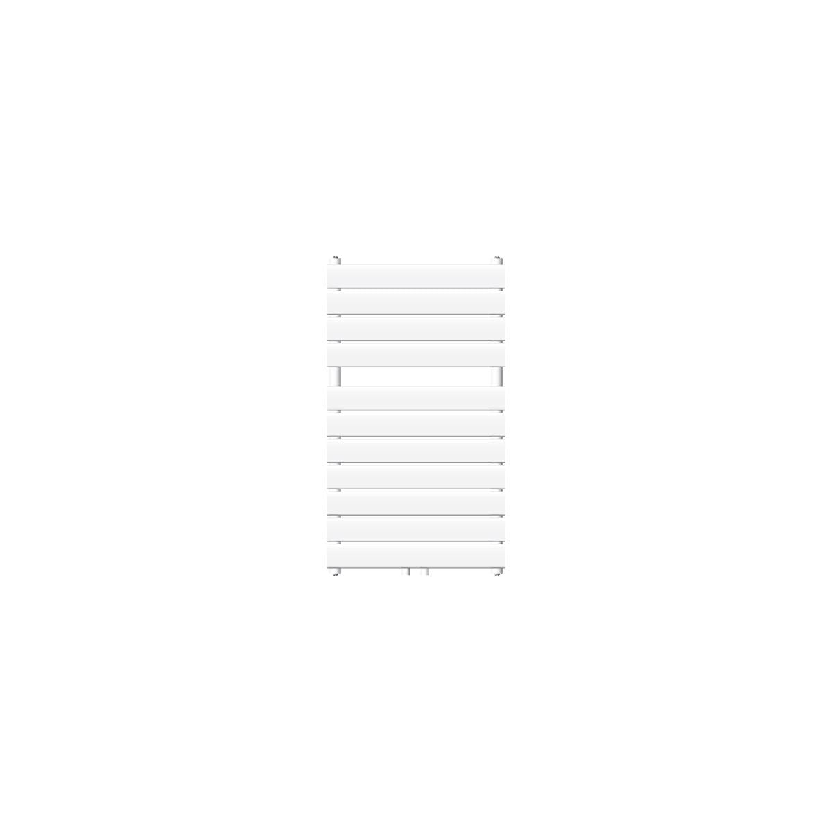 White radiator with horizontal fins, freestanding.