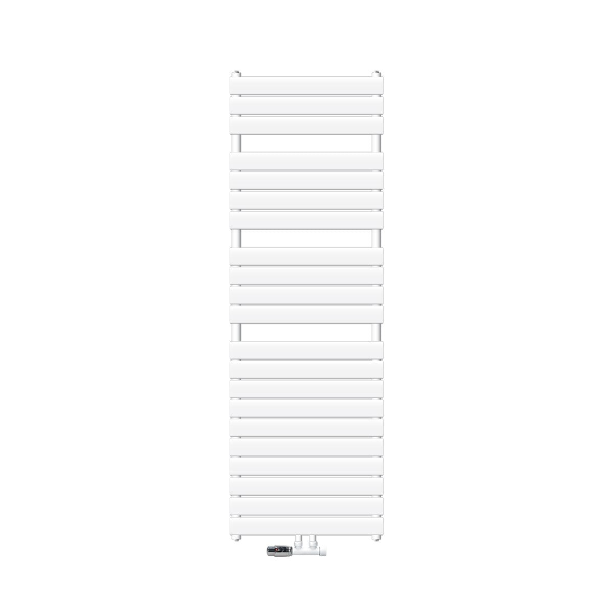 Witte handdoekradiator tegen een witte achtergrond.