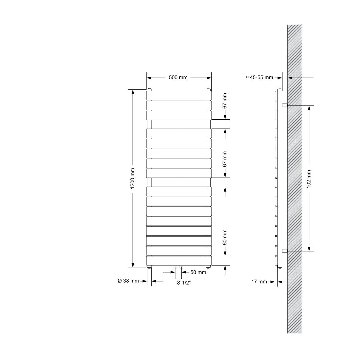 Technische tekening van een radiator met afmetingen.