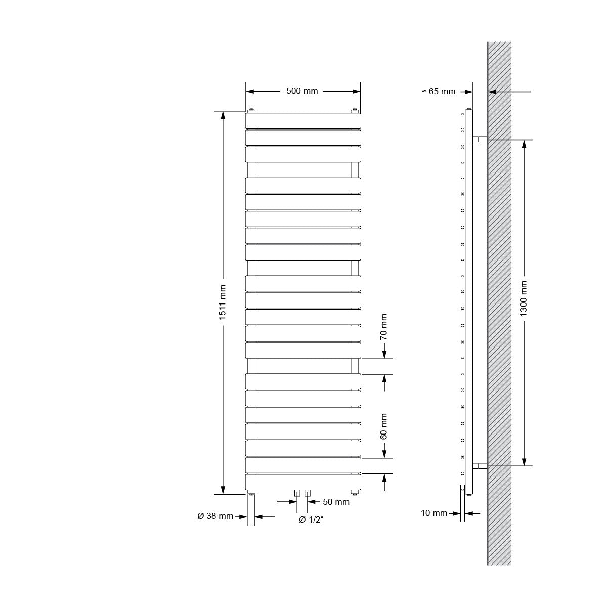 Dessin technique d’un radiateur blanc et anthracite.