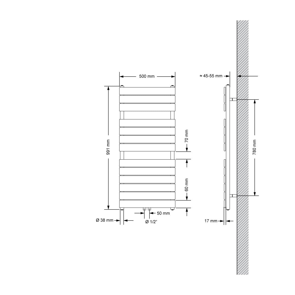 Technical drawing of a radiator in white and anthracite.