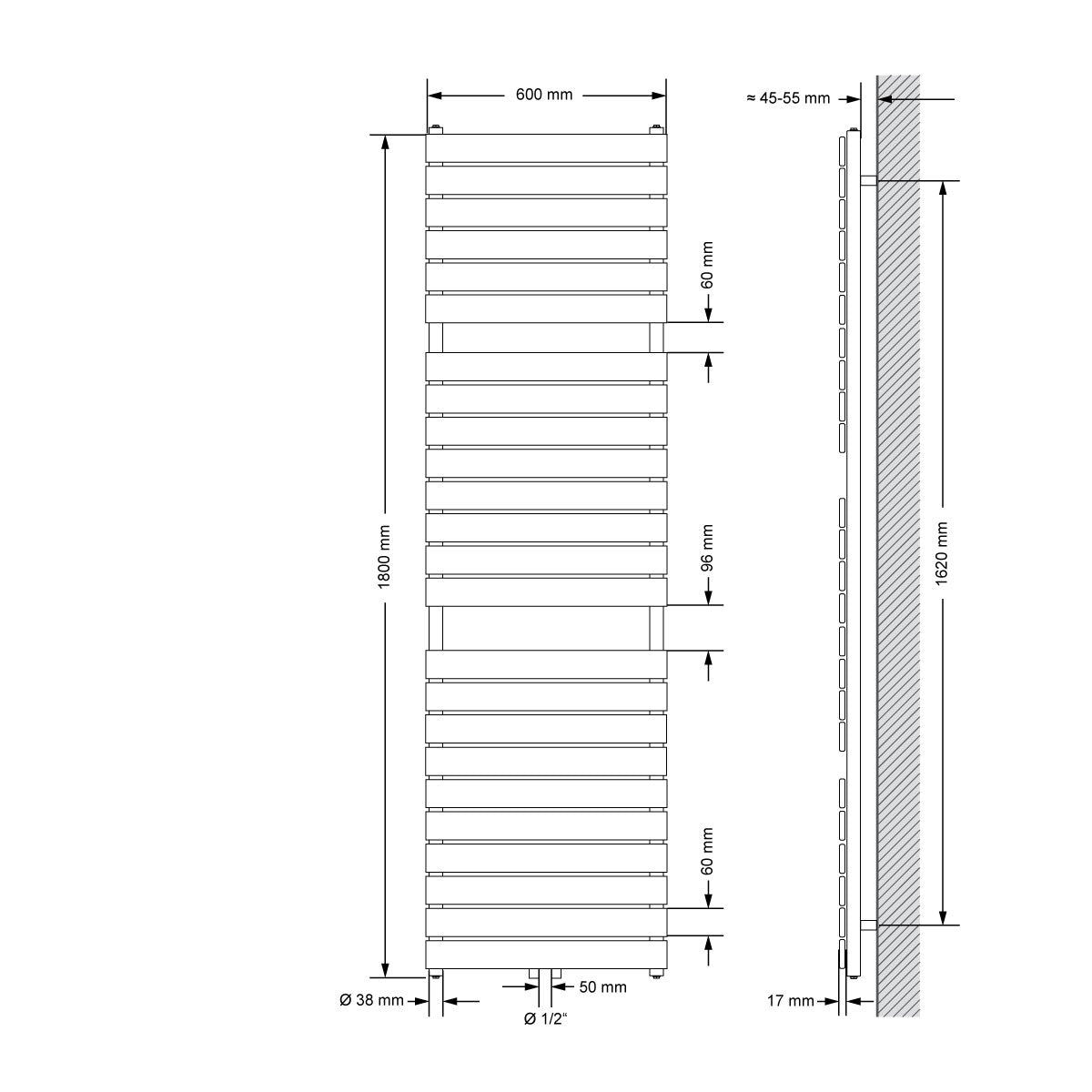 Technische Zeichnung eines Heizkörpers in weiß und anthrazit, Maße 600x1800 mm.