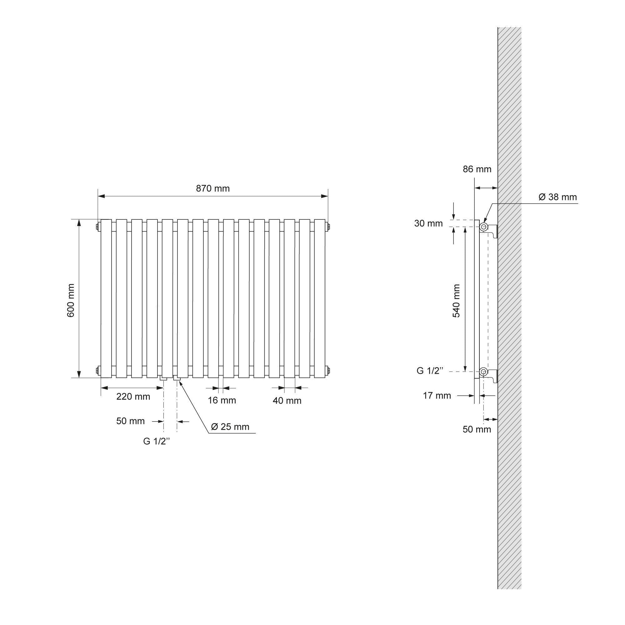 Technical drawing of a radiator with dimensions.
