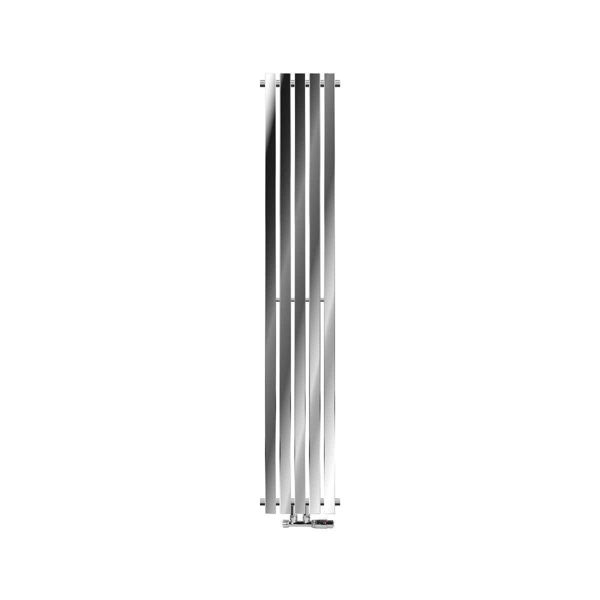 Hög, vertikal radiator i krom med breda lameller.