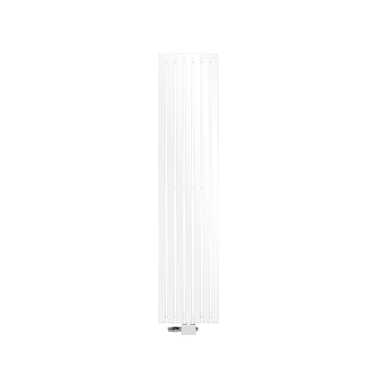 Lodret radiator i hvid med lodrette lameller og universel tilslutning.