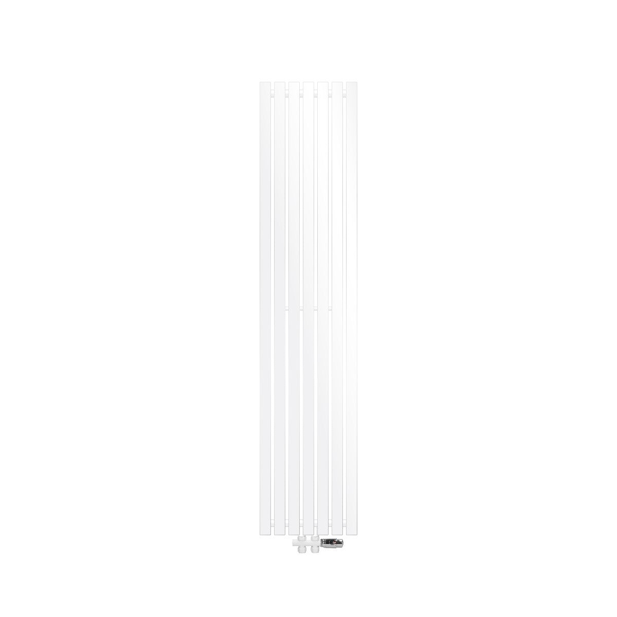 Vit vertikal radiator med vertikala lameller och bottenanslutning.