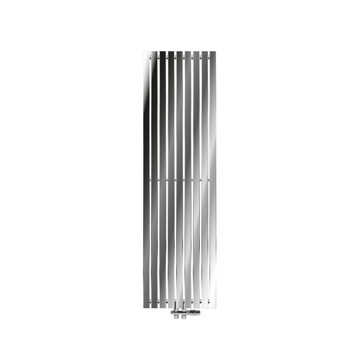 Radiator cromat înalt și îngust, cu lamele verticale.