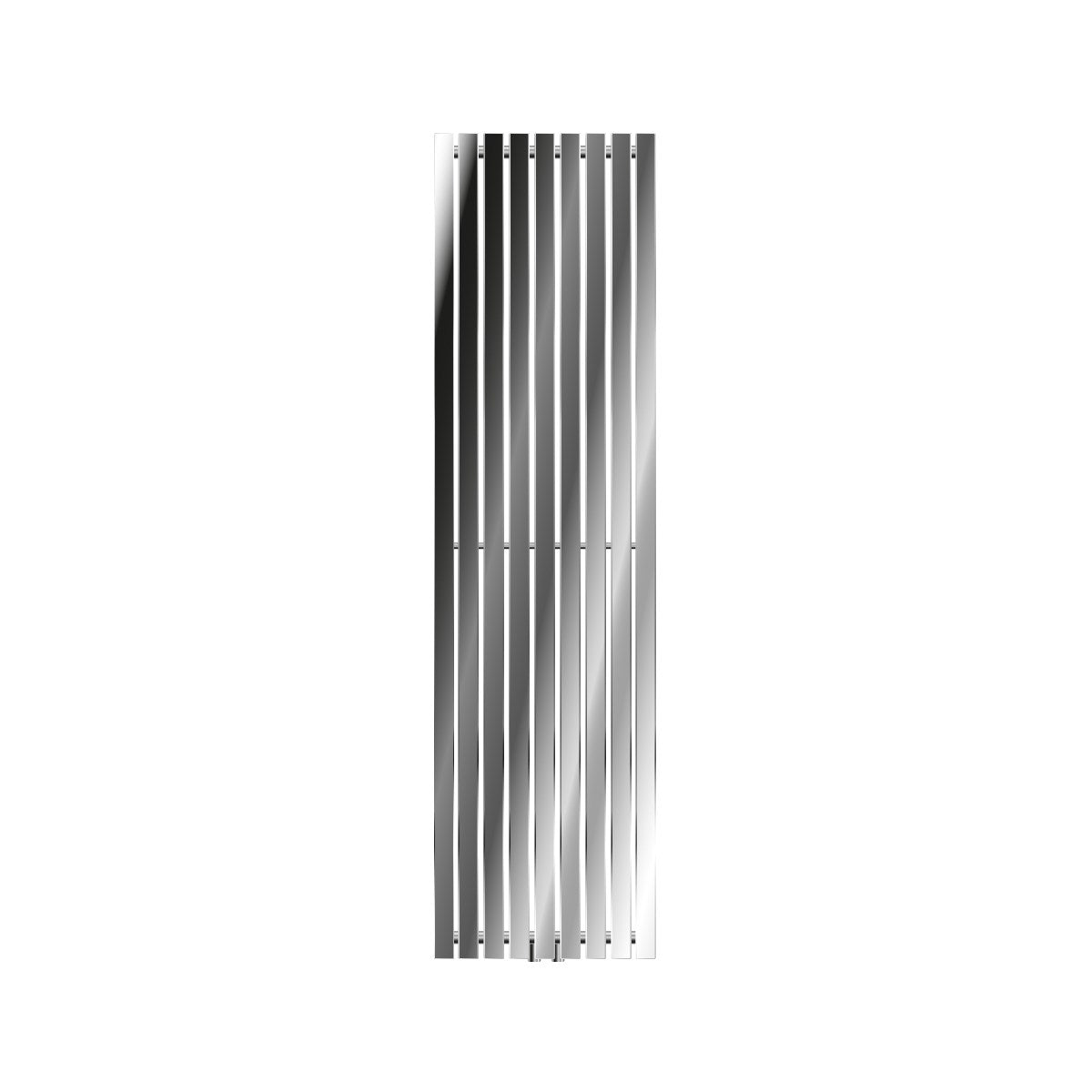 A vertical radiator in chrome with several narrow fins.