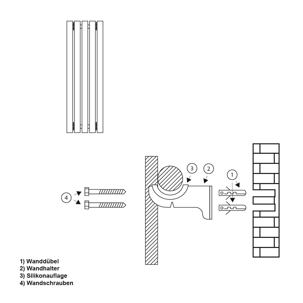 Technische Anleitung zur Wandmontage mit Beschriftungen und Diagrammen.