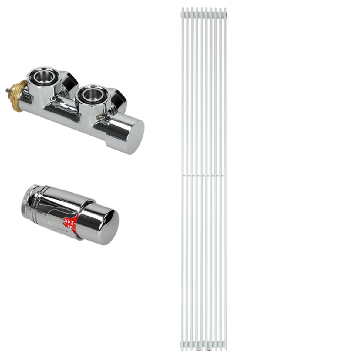 Witte aansluitstukken voor radiatoren, bestaande uit twee delen.