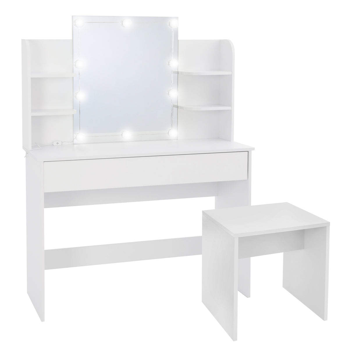 Coiffeuse blanche avec miroir éclairé et deux étagères, à côté un tabouret blanc.
