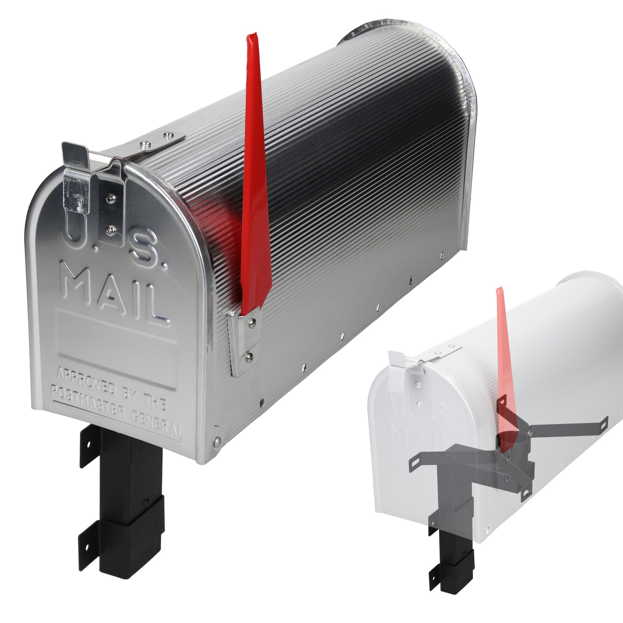 A silver mailbox with a red flag lever and a removable holder.