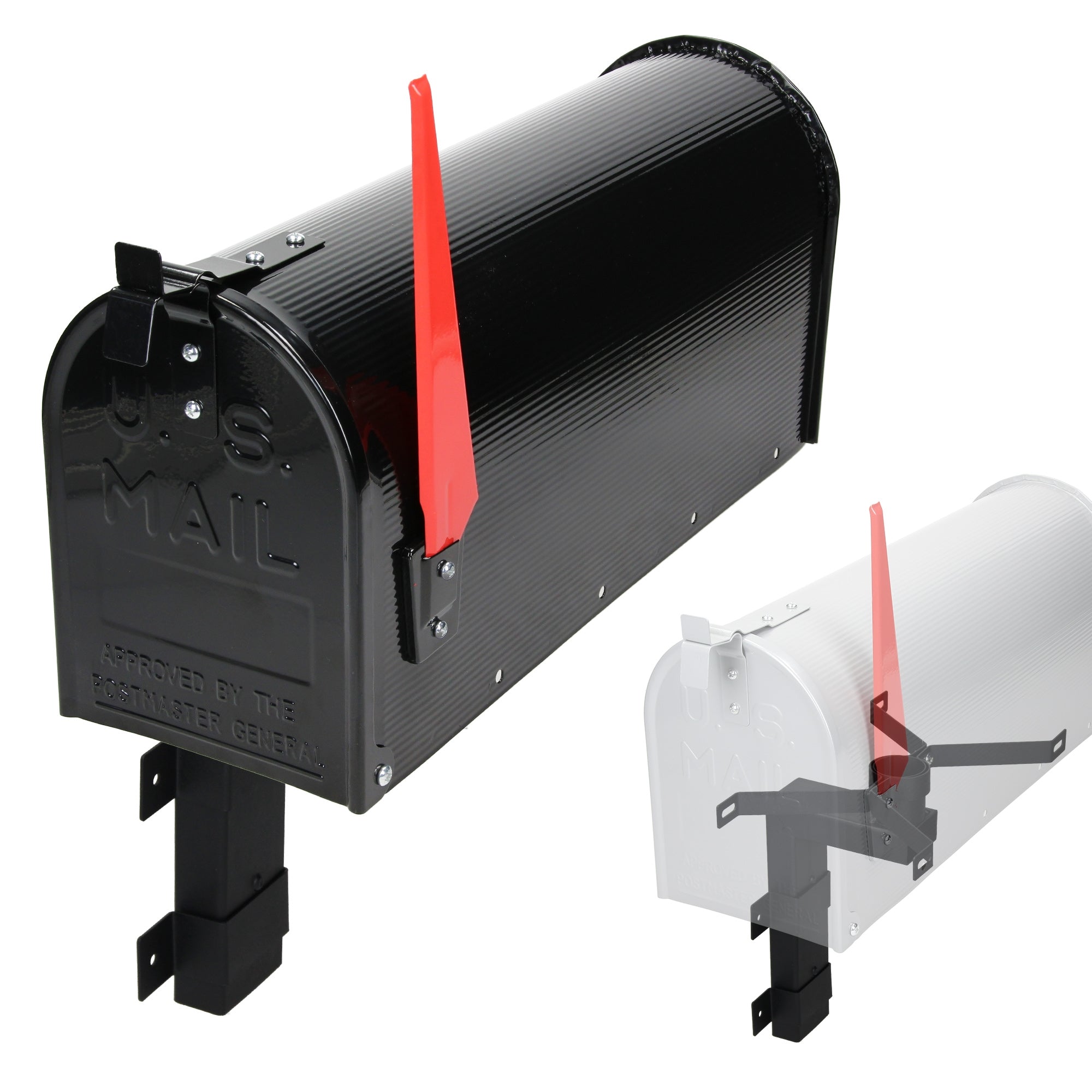 A black mailbox with a red flag lever on a white stand.