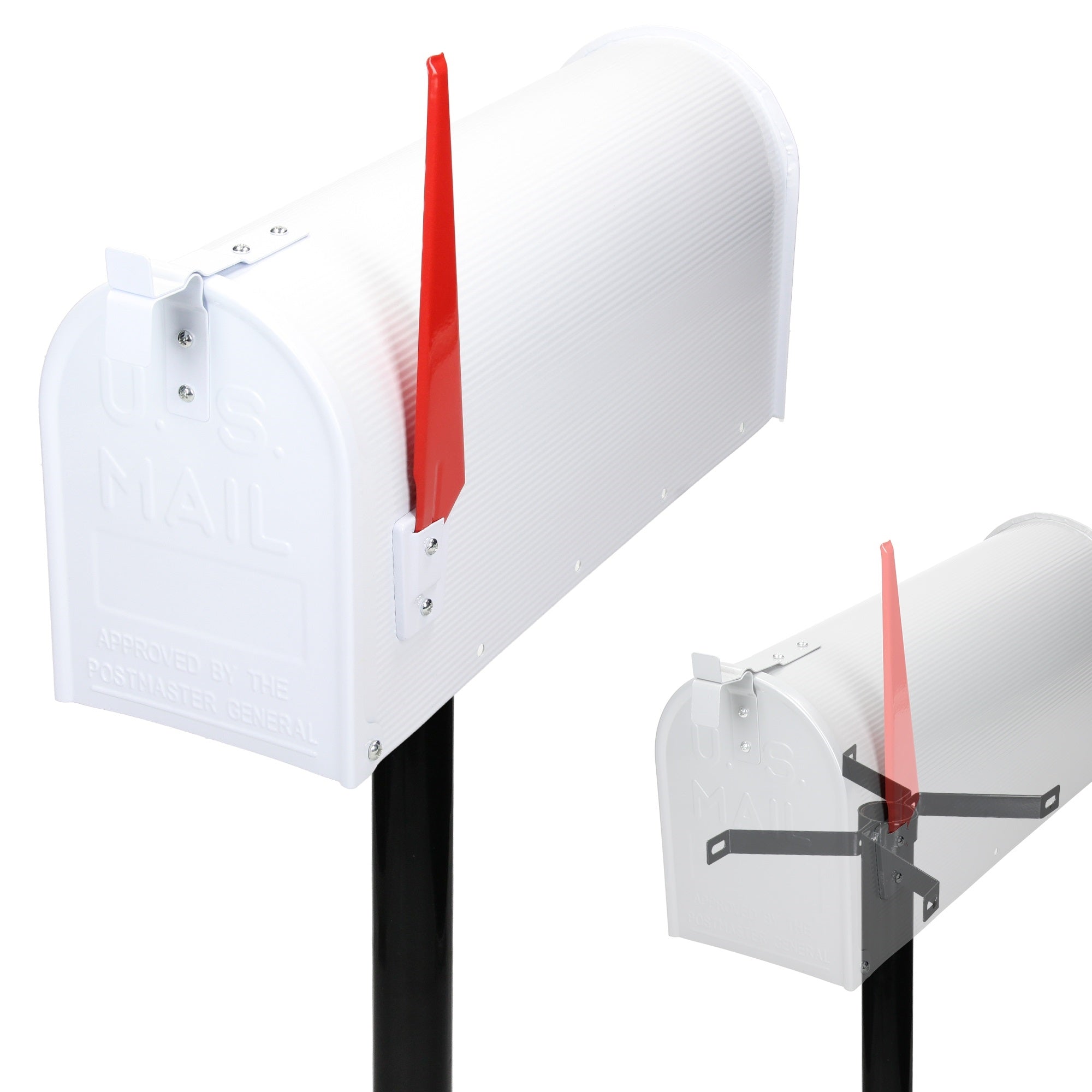 Ein weißer Briefkasten mit rotem Fahnenhebel auf einem schwarzen Standfuß.