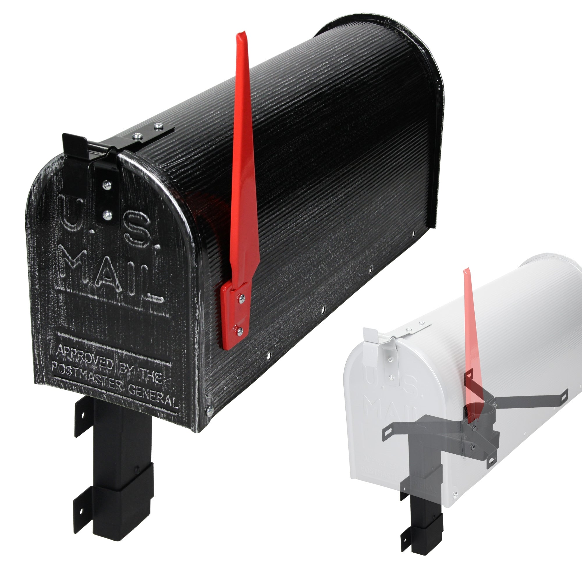 Buzón negro y blanco con palanca roja, sobre un soporte.