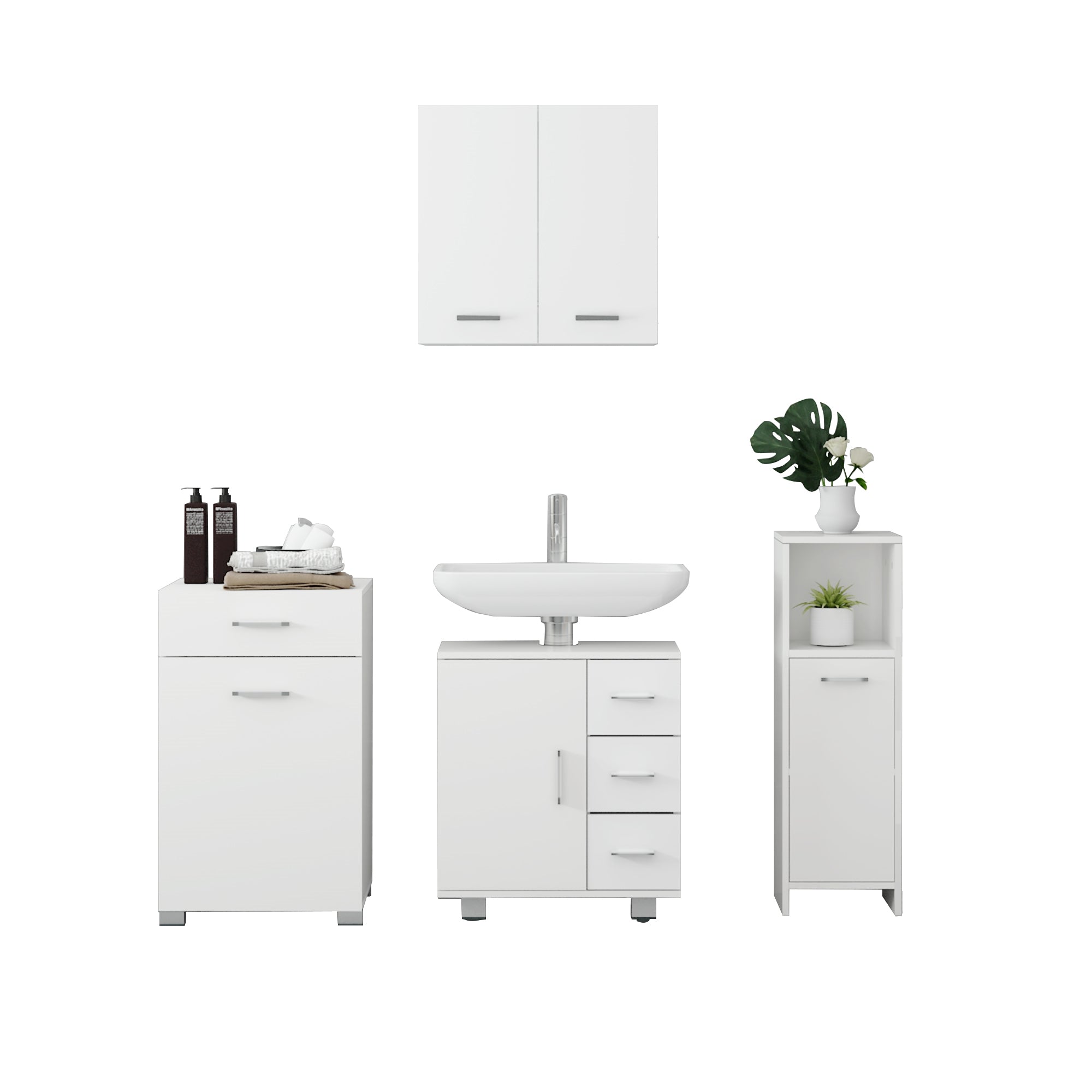 Set di mobili da bagno bianchi con lavabo, armadi e piante.