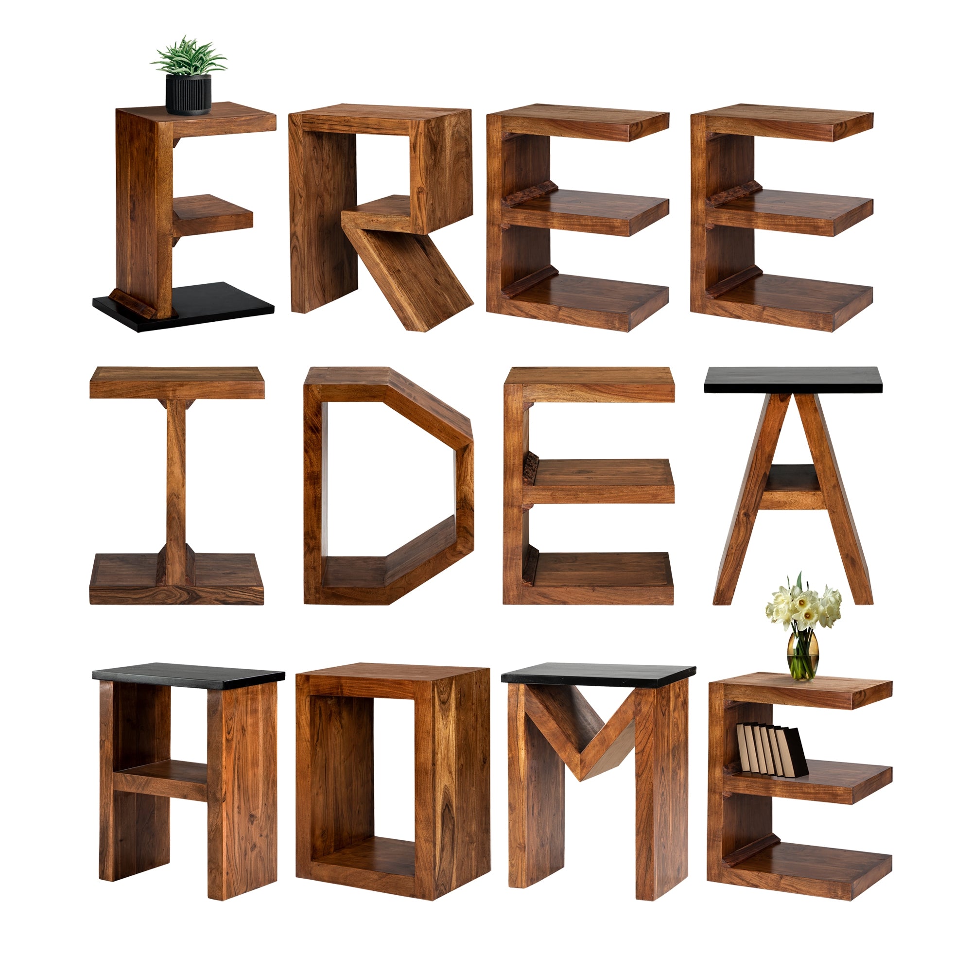 Wooden furniture in the shape of letters that form words.