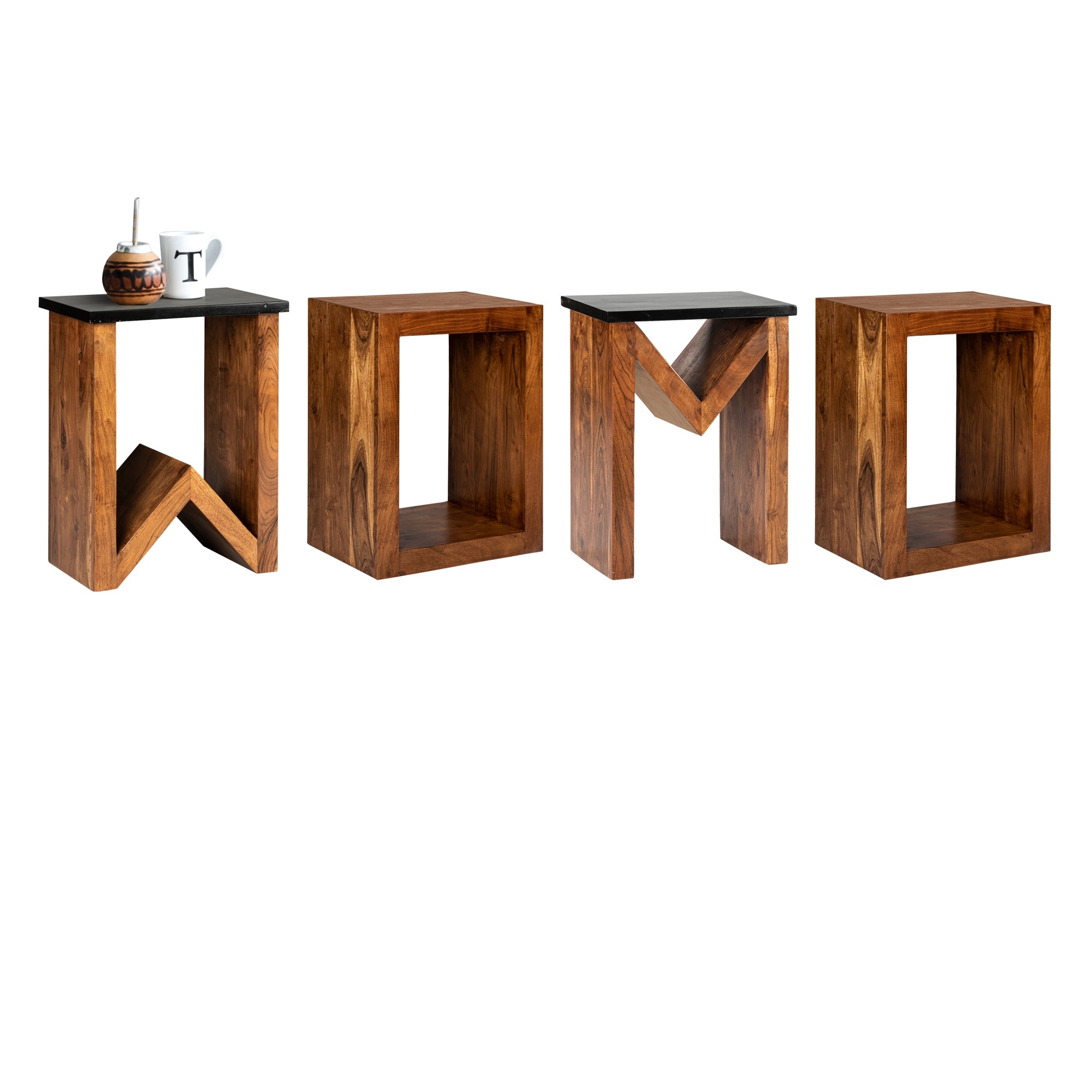Wooden shelf in the shape of the letters W, O, M, O.