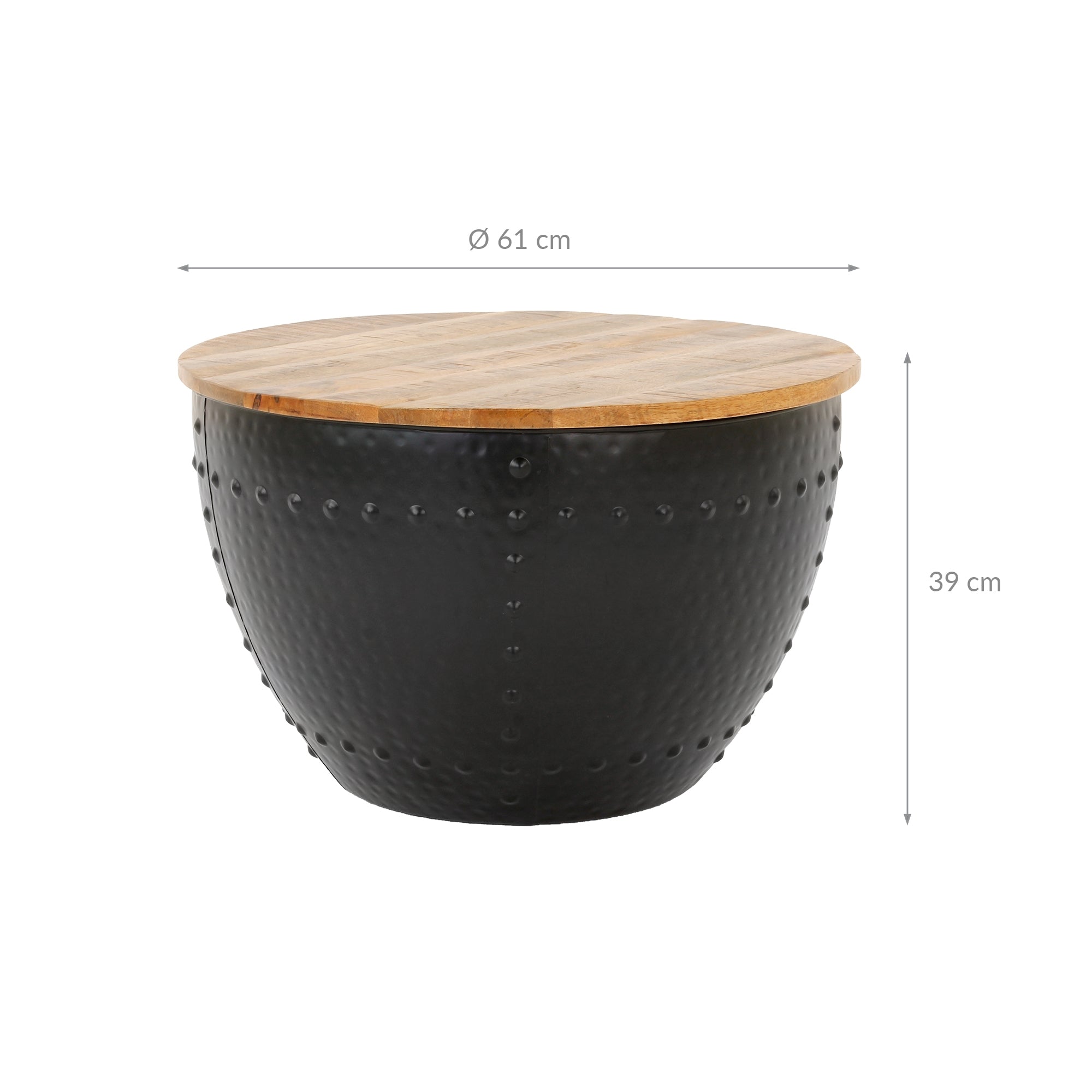 Table ronde avec plateau en bois et piètement noir texturé, diamètre 61 cm, hauteur 39 cm.