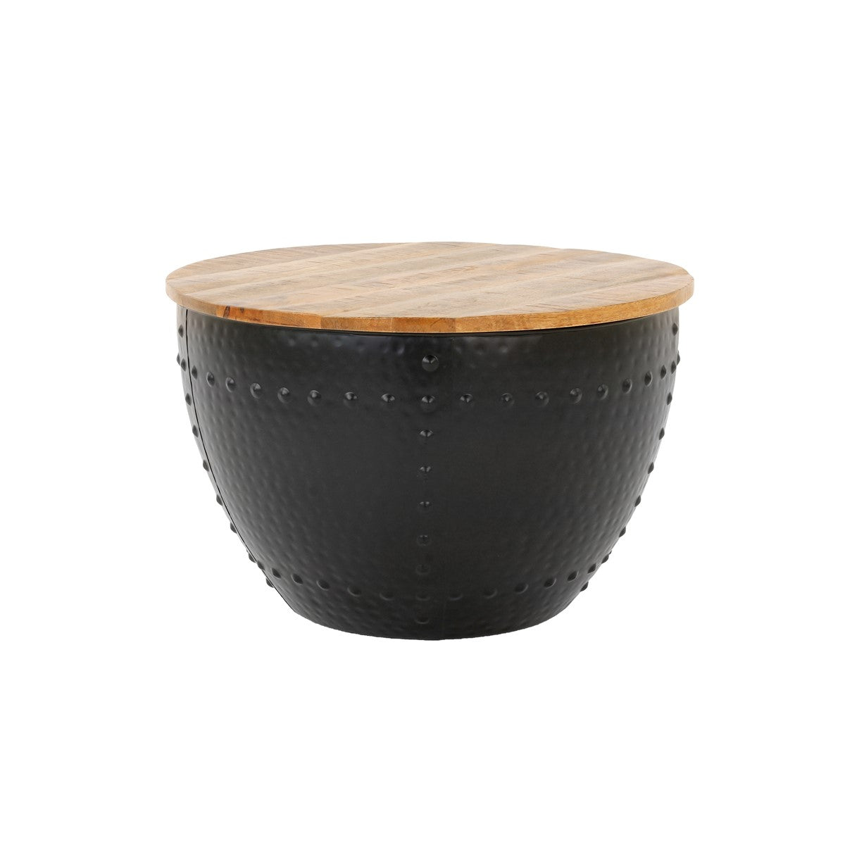 Ronde salontafel met een zwart frame en een houten blad.