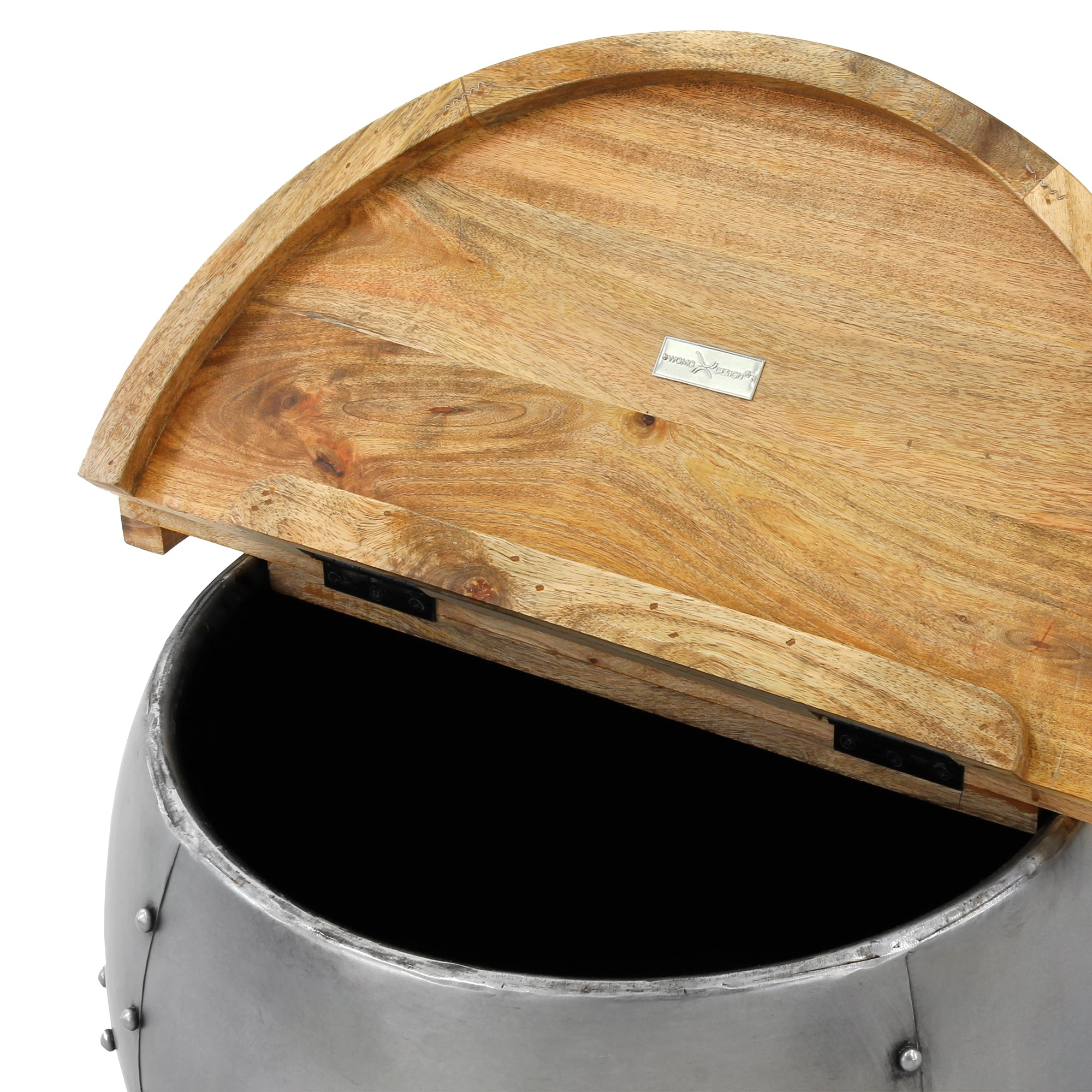 A round container with a wooden lid that is open.