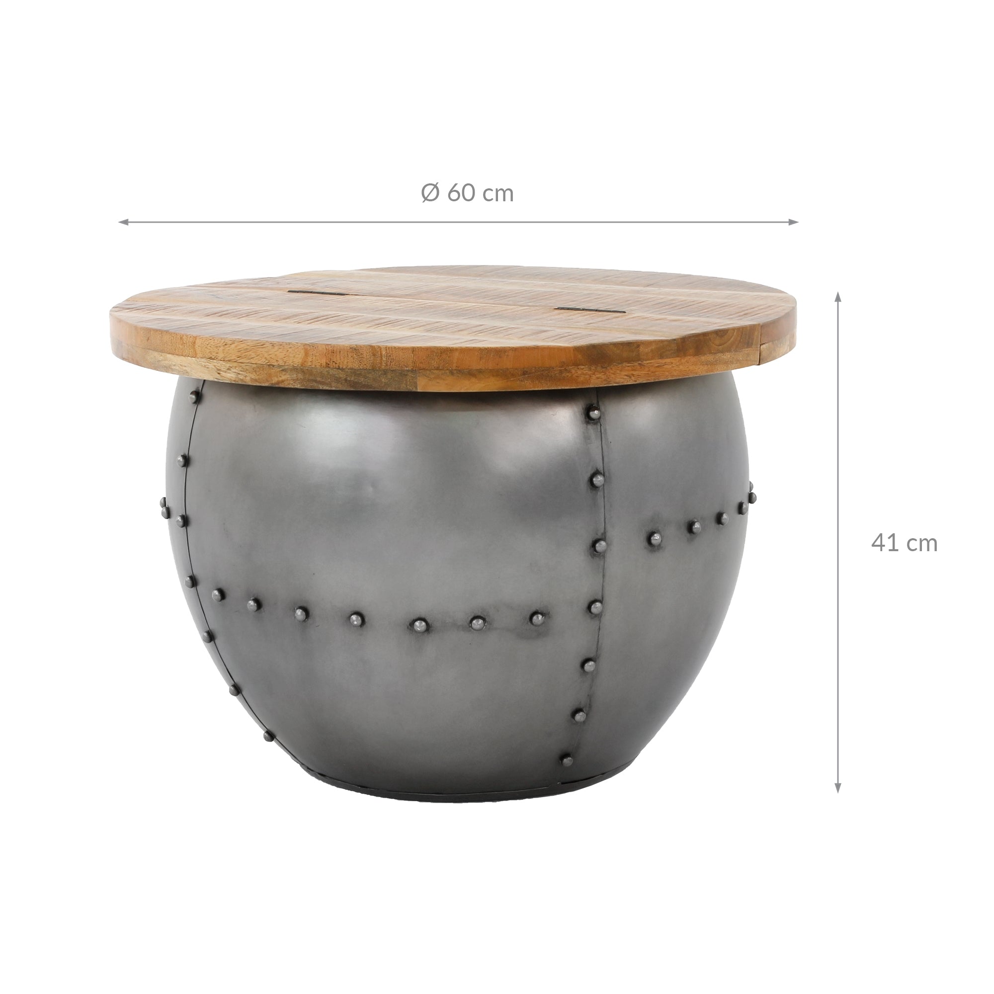 Round table with wooden top and metallic underframe, diameter 60 cm, height 41 cm.
