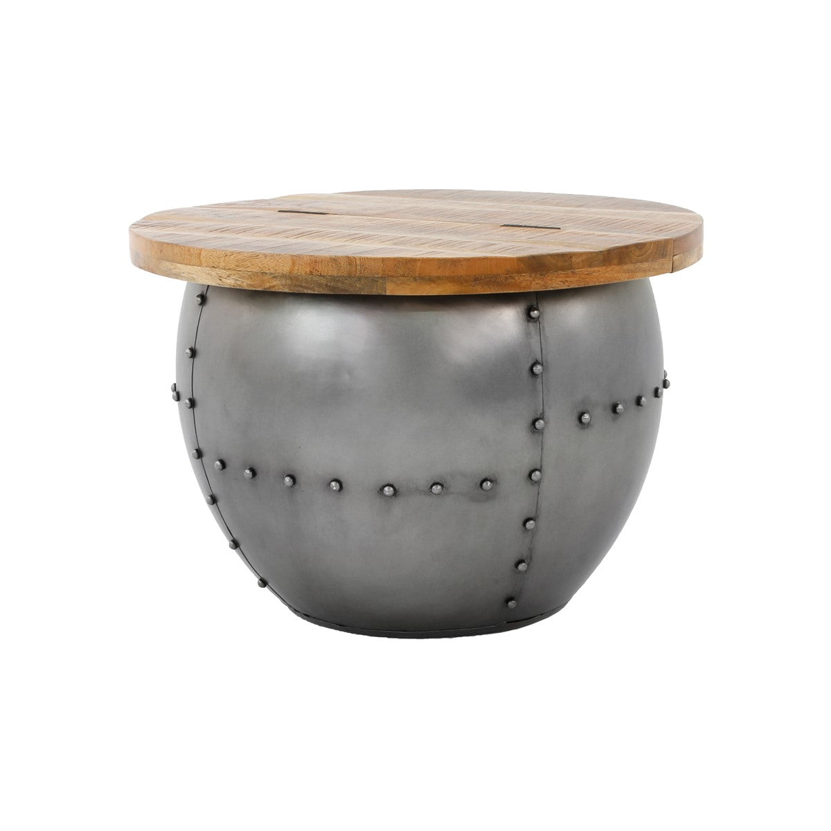 Round table with metal base and wooden top.