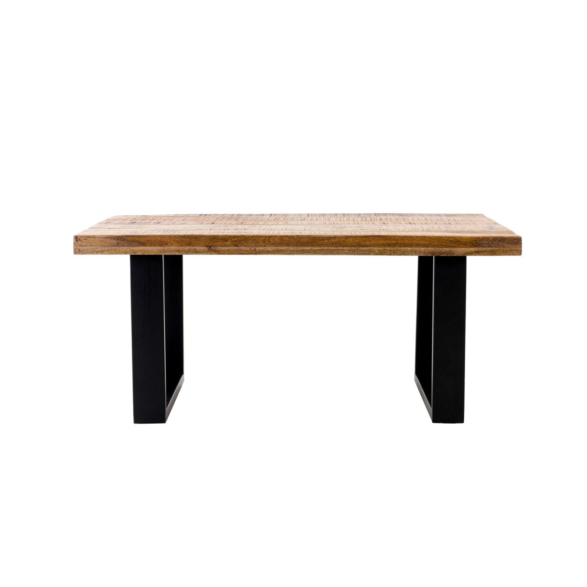 Tavolo rettangolare con piano in legno e gambe in metallo nero.