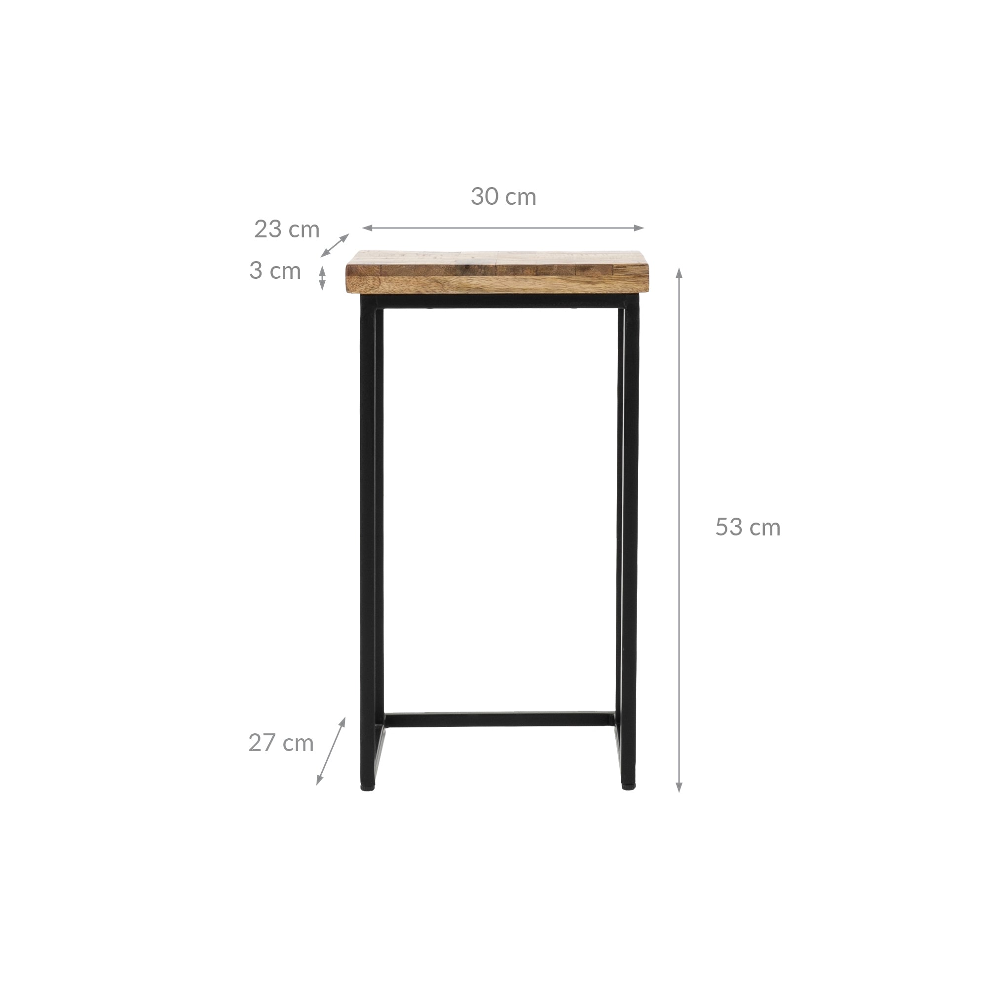 Ein Tisch mit einer Holzplatte und einem schwarzen Metallgestell, Maße sind angegeben.