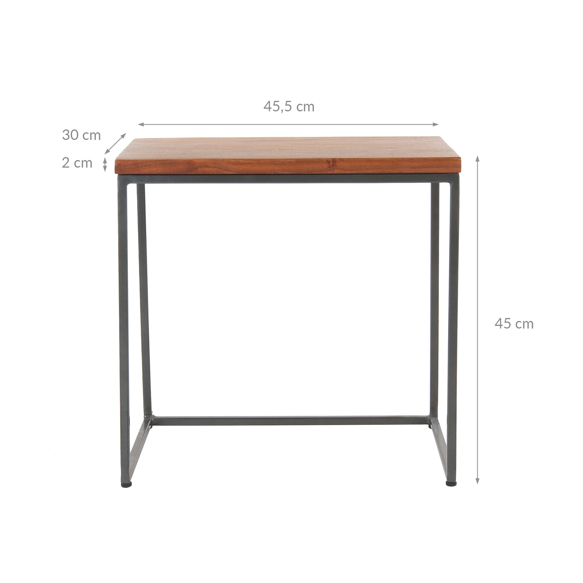 Dimension drawing of a small table with a wooden top and metal frame.