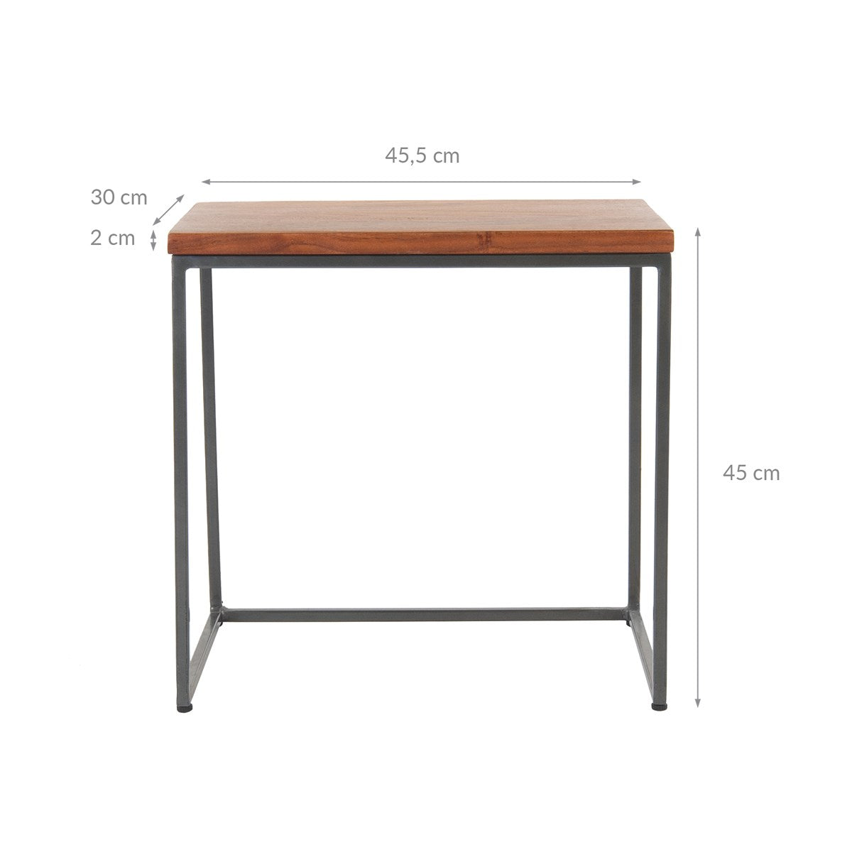 Maattekening van een kleine tafel met houten blad en metalen frame.