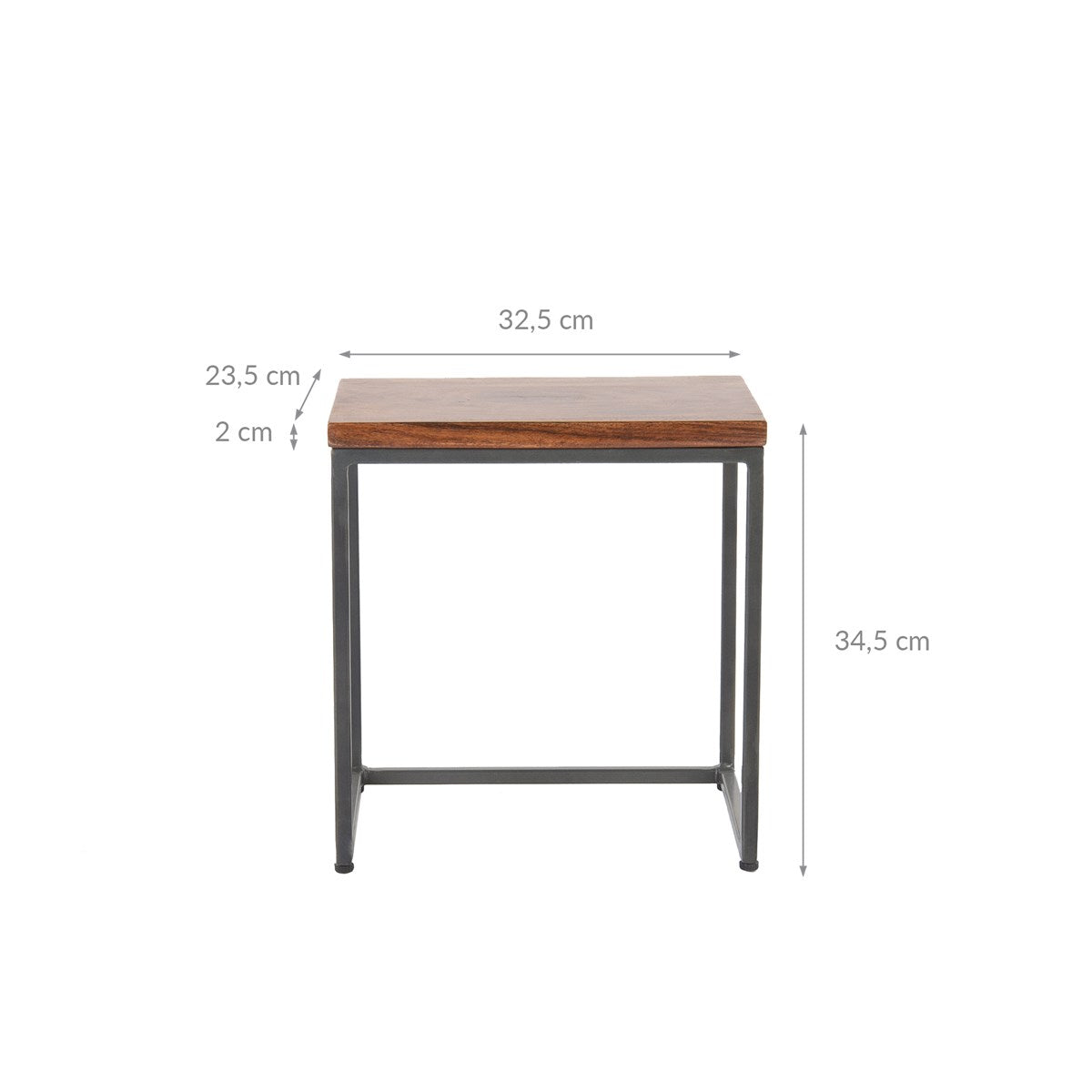 Kleine tafel met houten blad en metalen frame, afmetingen aangegeven.