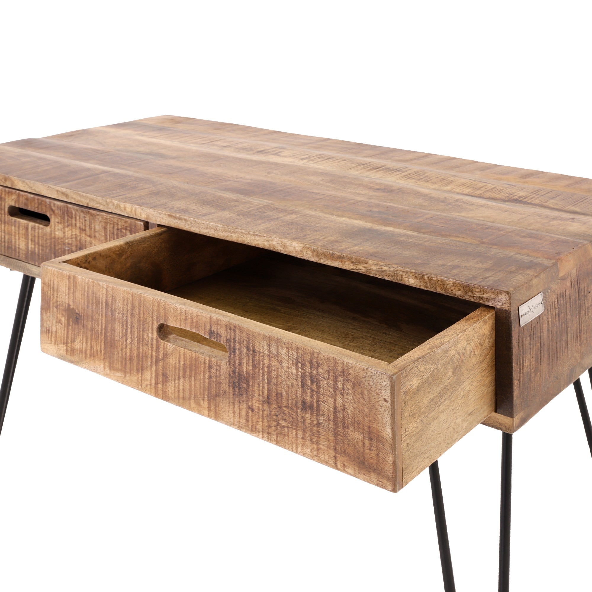 Wooden table with two drawers, made of wood with metal legs.