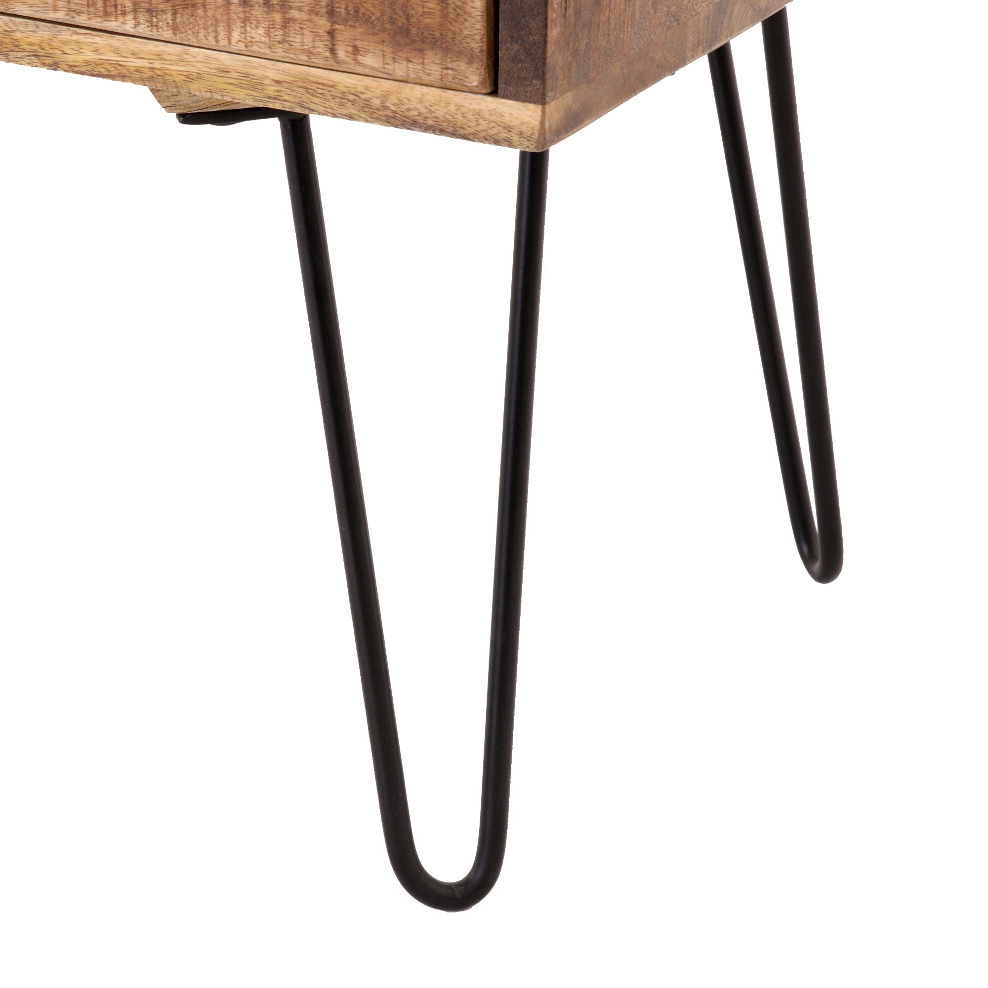 Wooden table with metallic legs, detail view of the table edge.