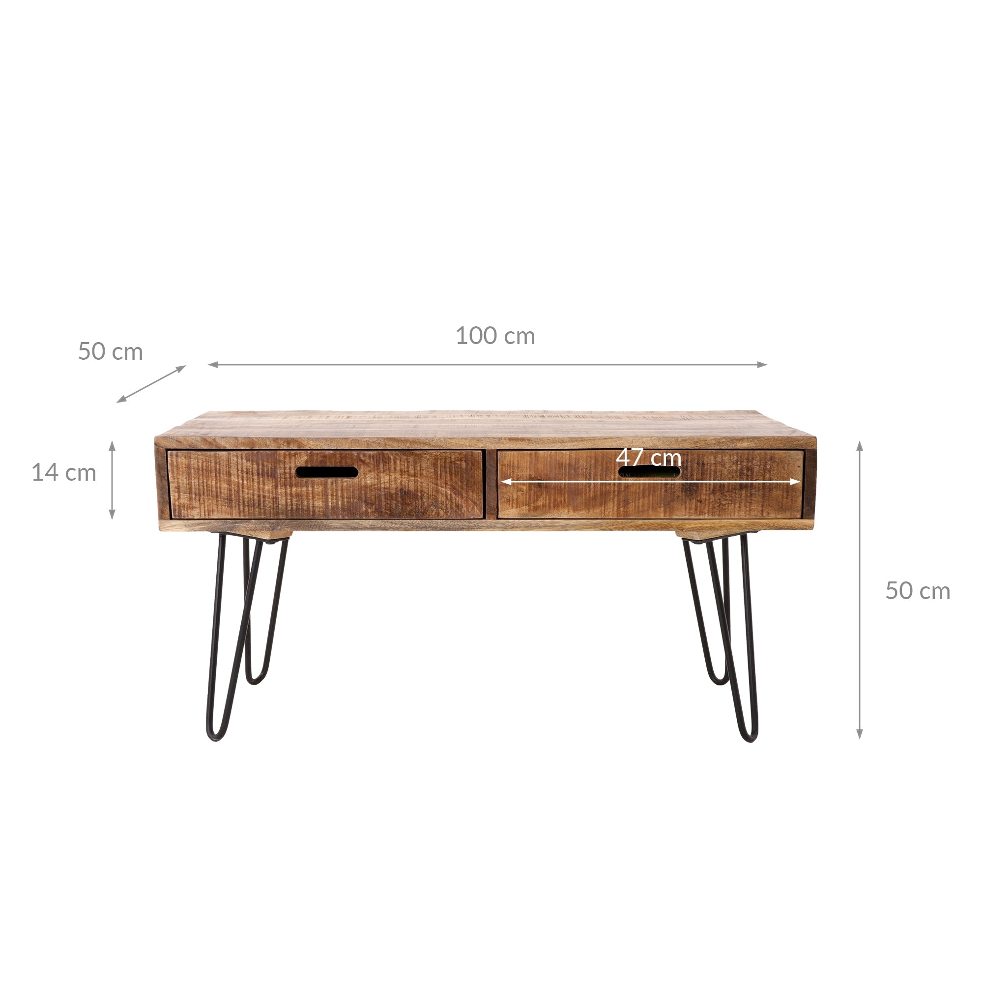 Wooden table with two drawers and measurements.