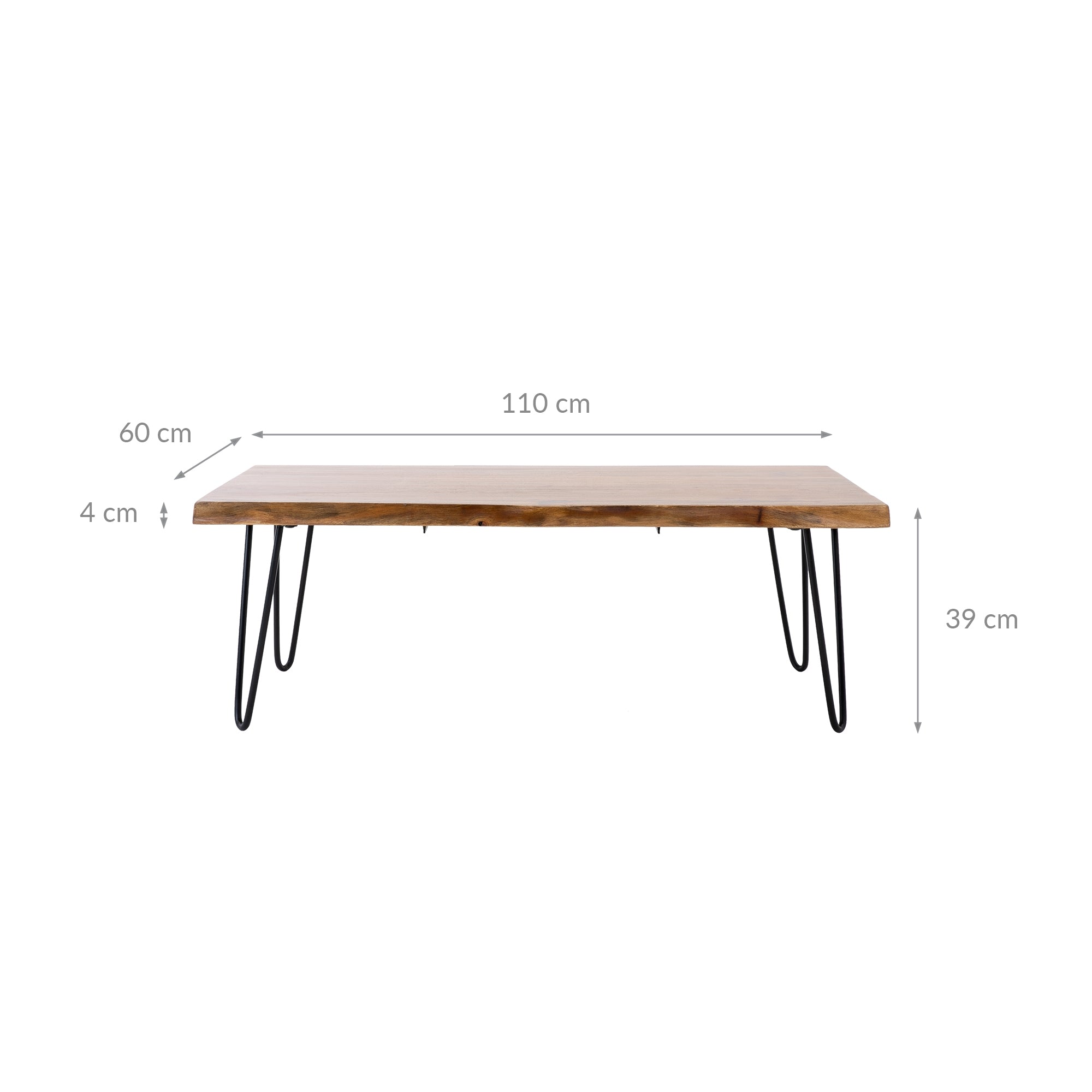 Holztisch mit Metallbeinen, Maße: 110 cm x 60 cm x 39 cm.