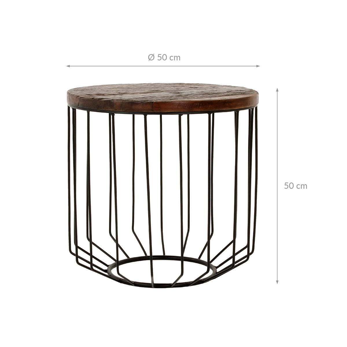 Kulatý stůl s dřevěnou deskou a černou kovovou konstrukcí, průměr 50 cm, výška 50 cm.