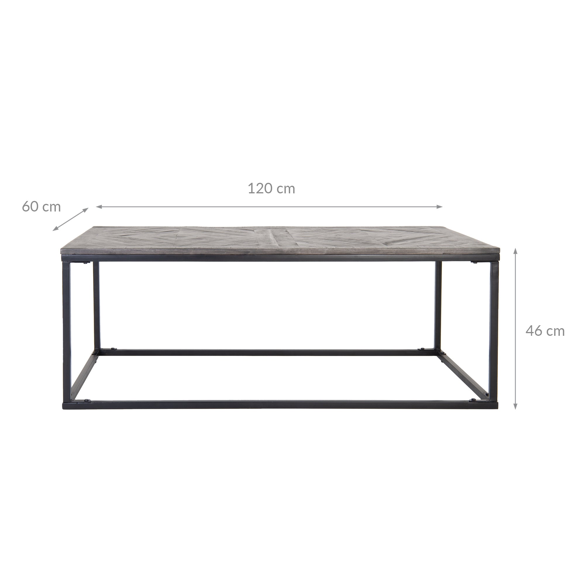 Rectangular table with gray wooden top, dimensions: 120 cm x 60 cm x 46 cm.
