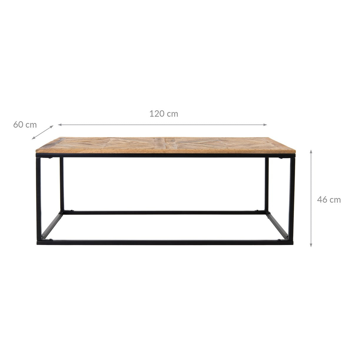 Prostokątny stół z drewnianym blatem, wymiary: 120 cm x 60 cm x 46 cm.