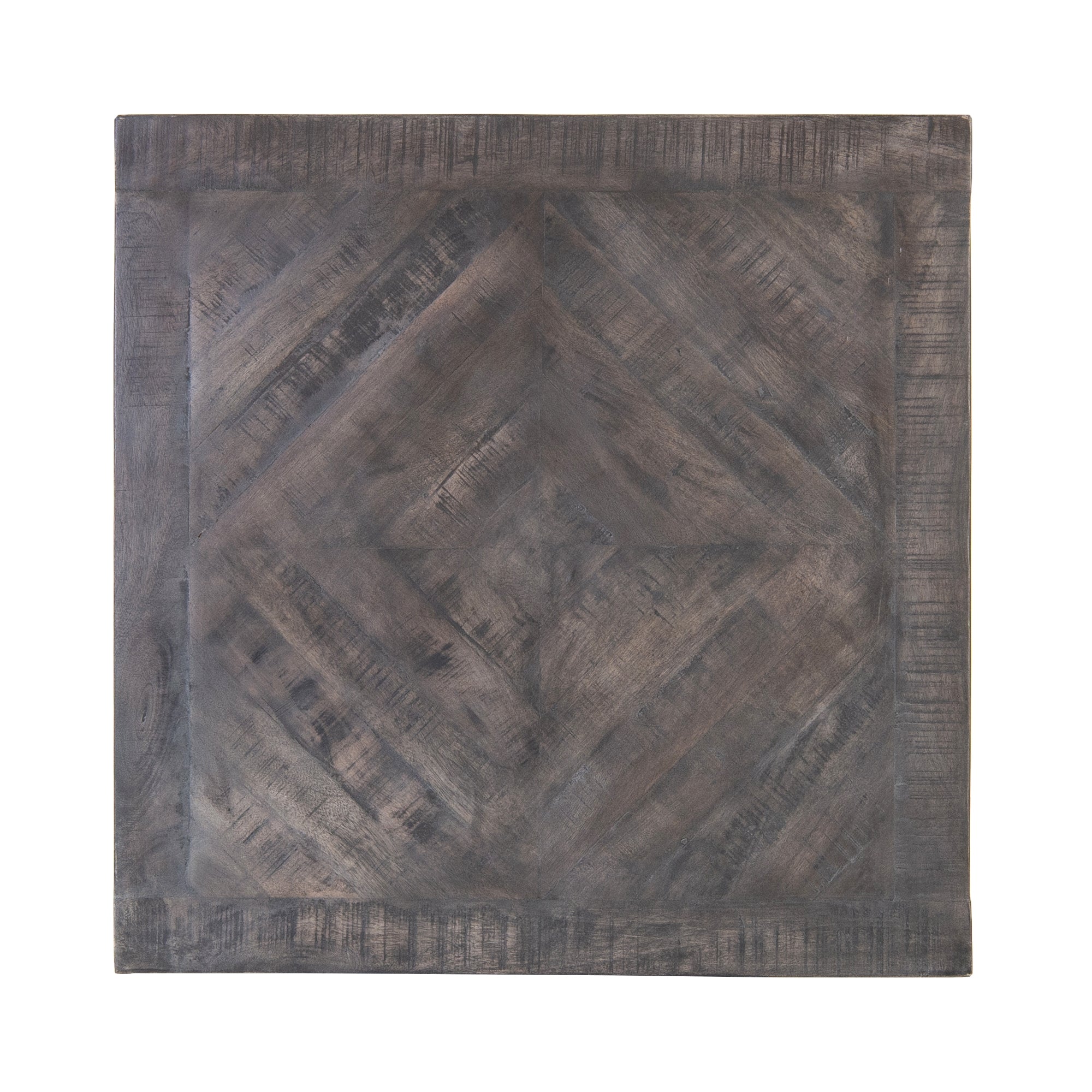 Die Oberseite eines quadratischen Tisches mit strukturiertem Holzdesign.