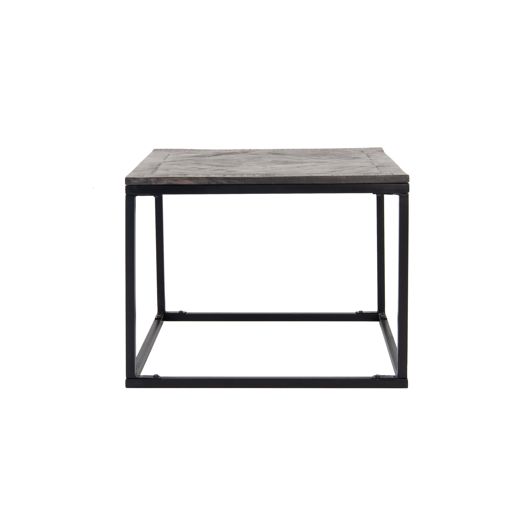 Tisch mit grauer Holzplatte und schwarzem Metallgestell.