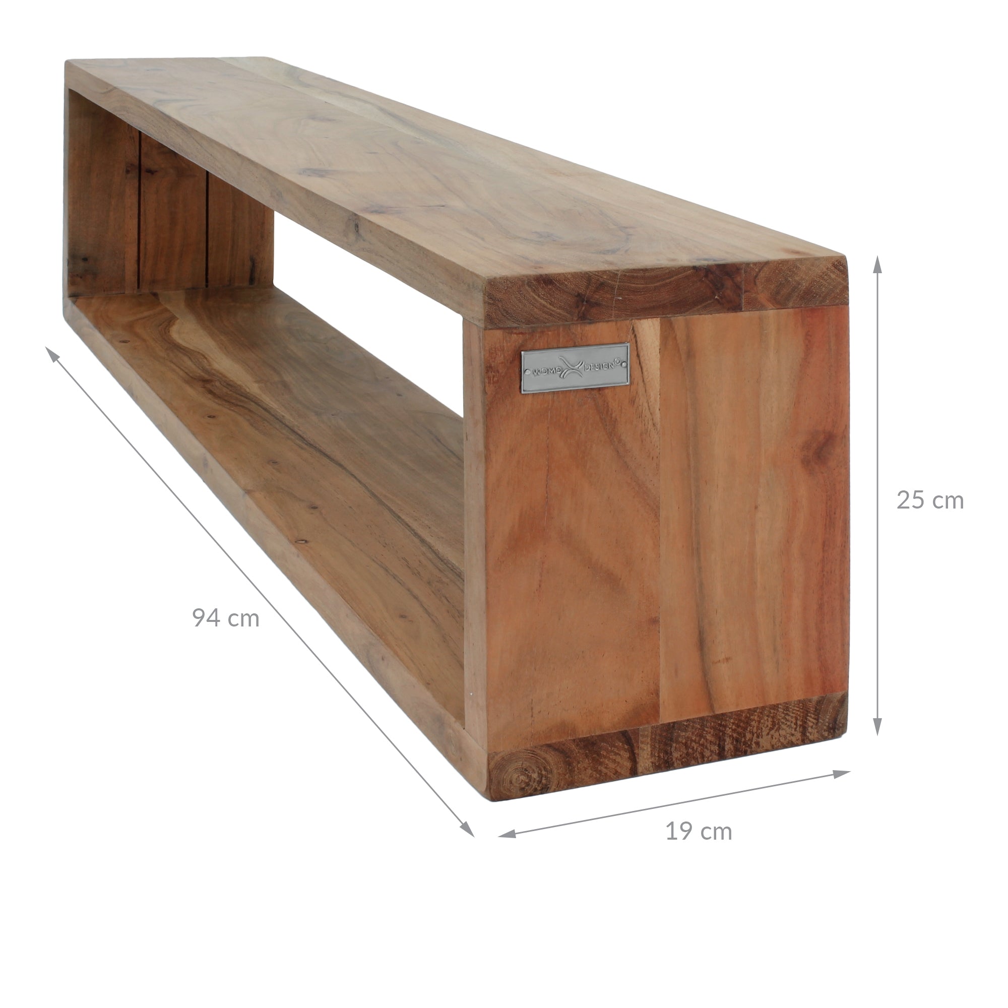 Holzregal mit einer offenen Ablage und einer Höhe von 25 cm.