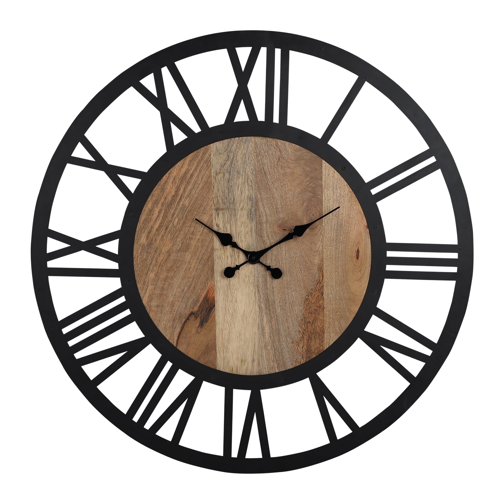 Wanduhr mit schwarzem Metallrahmen und Holzmittelteil.