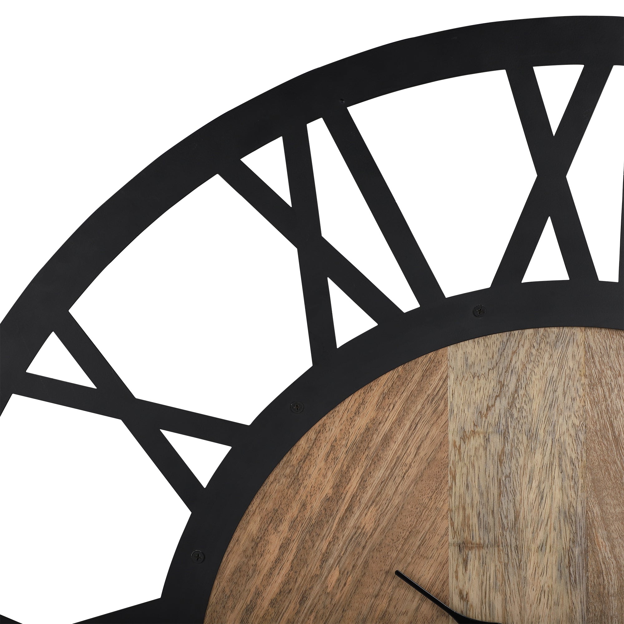 Detailaufnahme des Rahmens einer runden Uhr mit schwarzen und holzfarbenen Elementen.