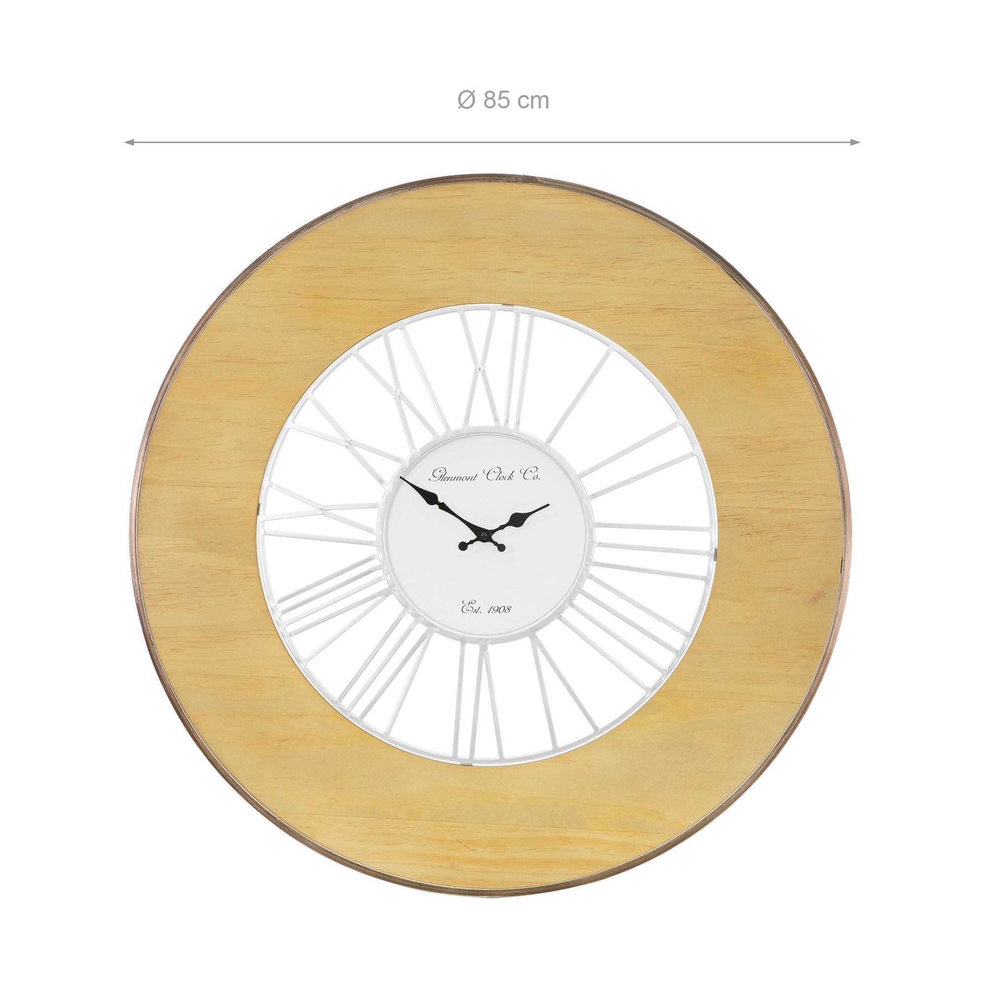 Runde Uhr mit Holzrahmen und weißen Ziffern.