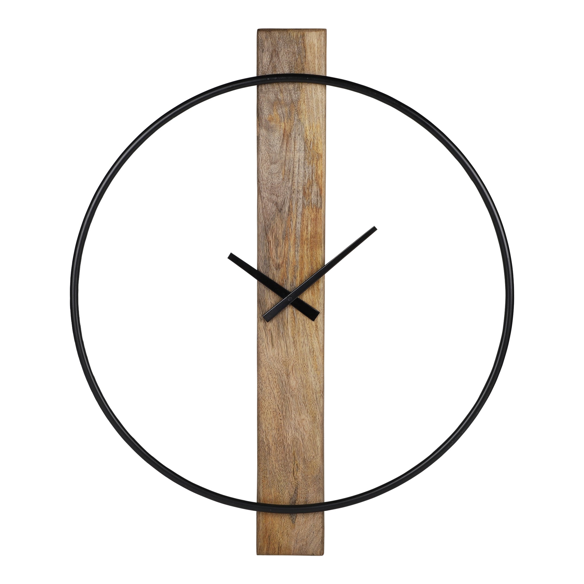 Orologio in legno con cornice nera e lancette su base di legno.
