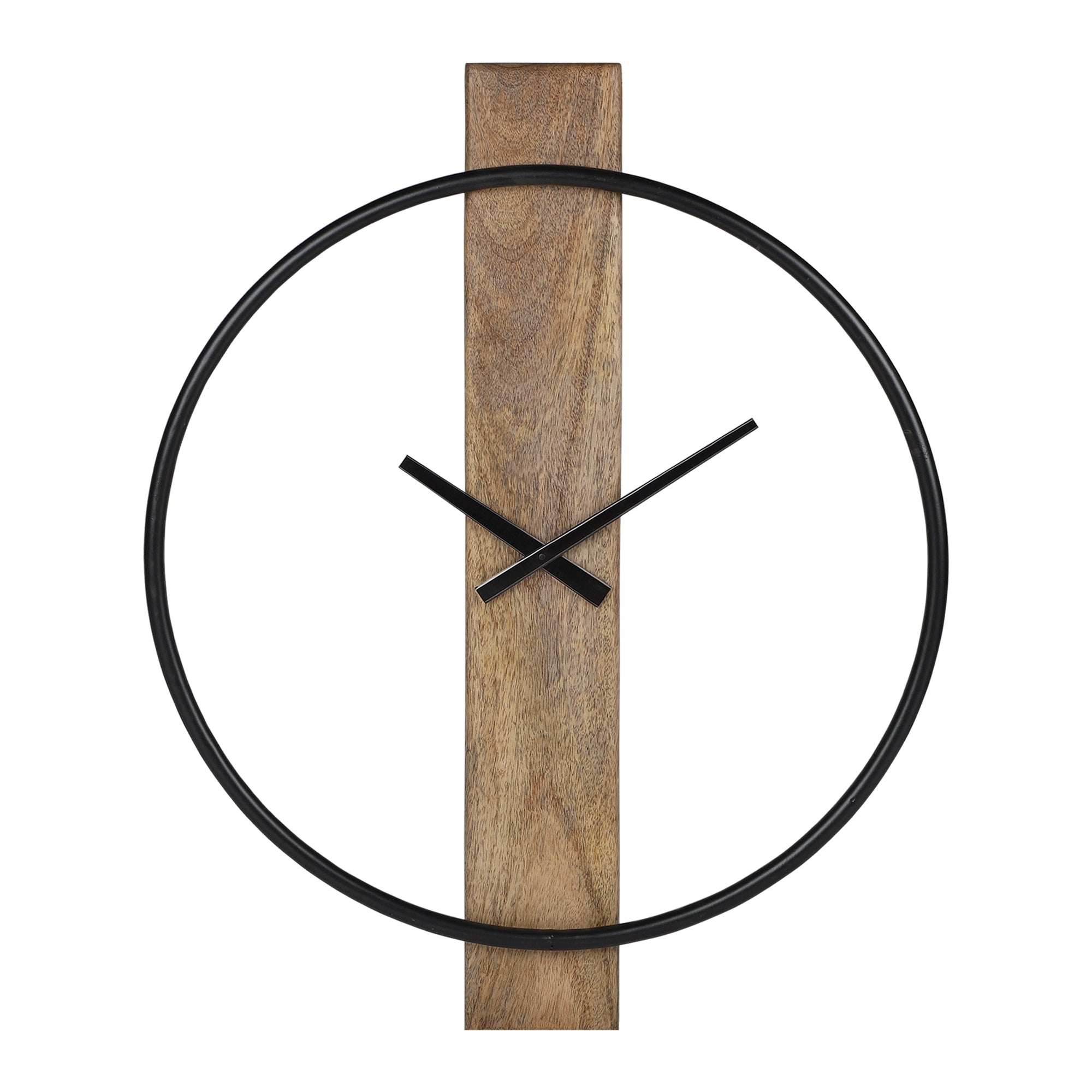 Modern wall clock with a wooden block and a black dial.